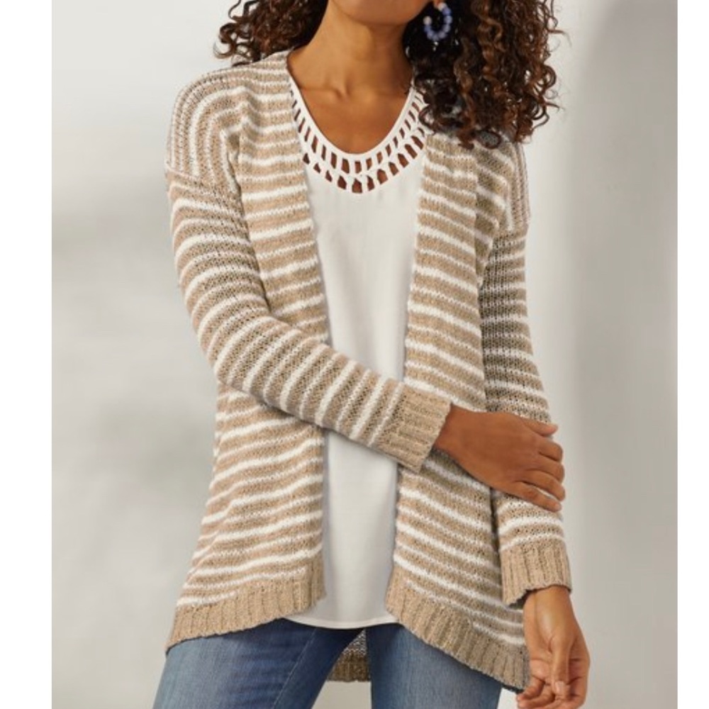 Soft Surroundings Lucie Tan Striped Knit Open Front Long Cardigan Sweater Sz SP
